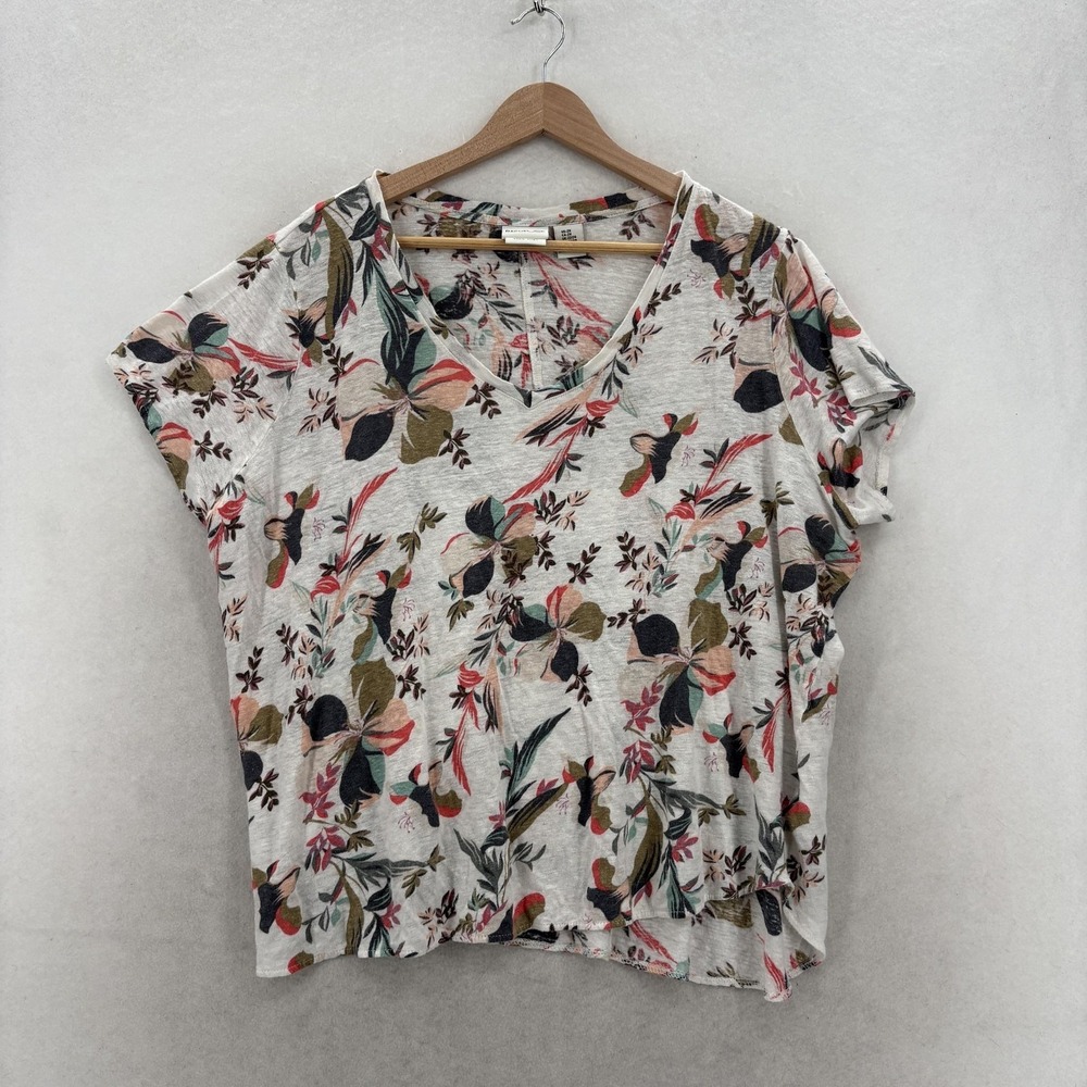 Rachel Zoe Shirt Womens 2X Multicolor Floral Linen V Neck Short Sleeve Preppy